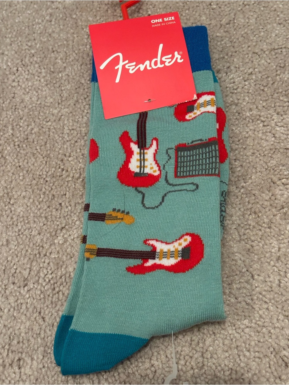 Fender Men's Guitar Pattern Crew Socks - Teal & Red